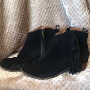 Lucky Brand Suede Low Heeled Fringe Boots